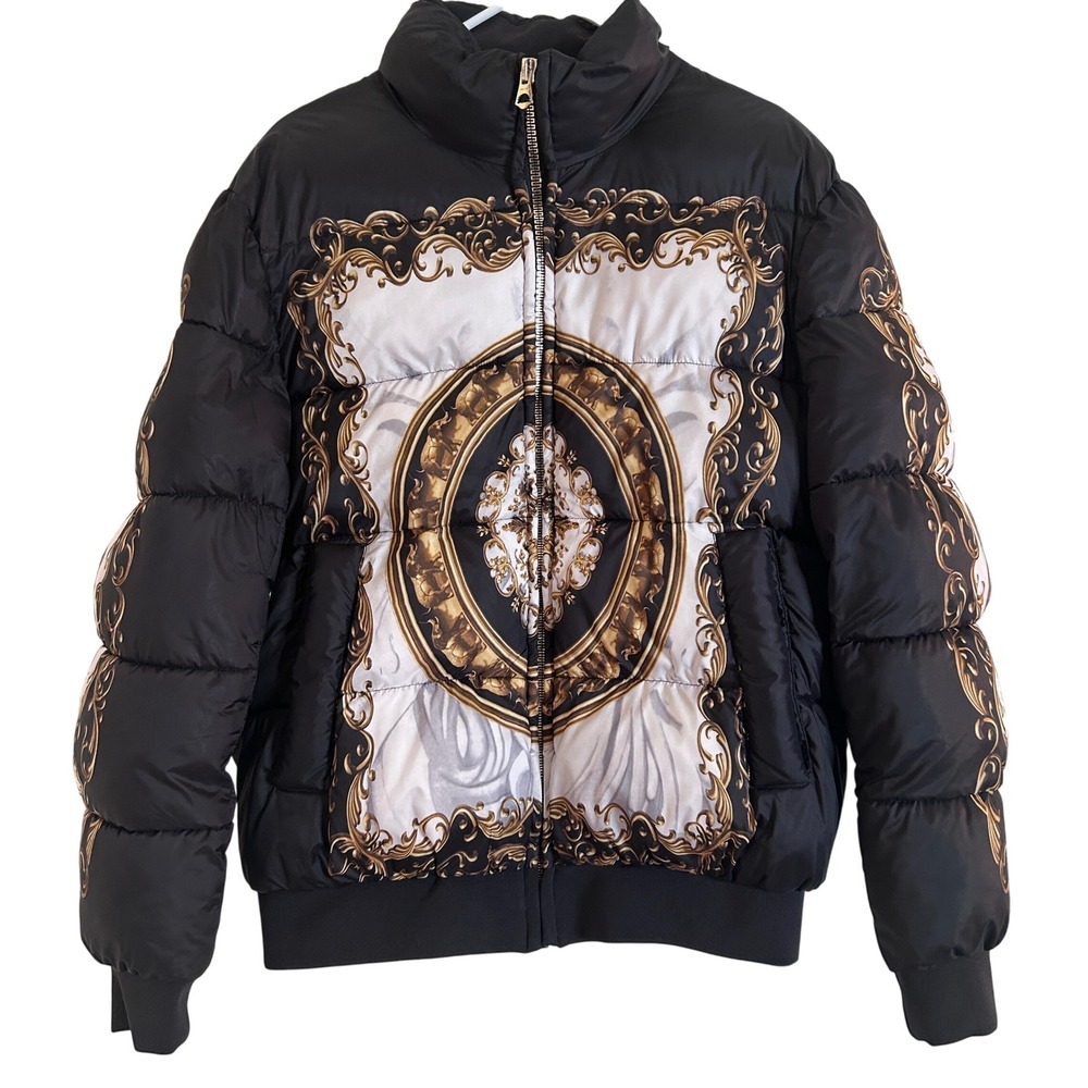 Zara Puffer Jacket Men's Large Black Gold Baroque Print Coat
